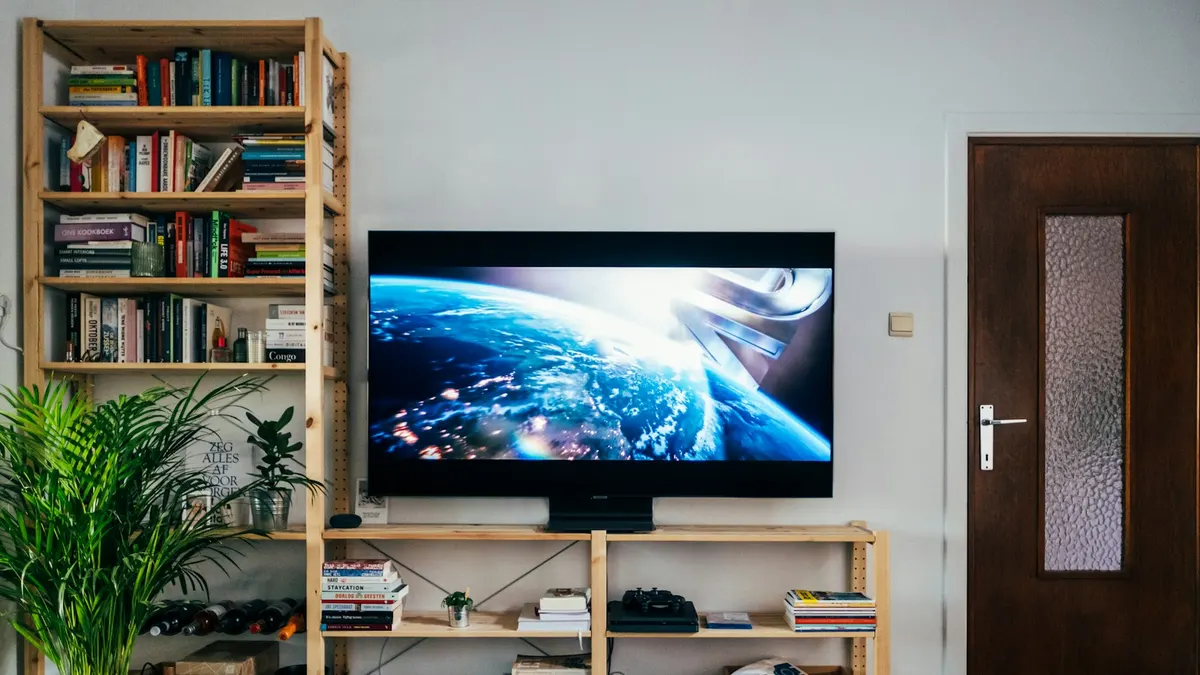 明るいリビングルームの木製ラックに置かれた大型の液晶テレビ。画面には宇宙から見た地球が映っており、左側の木製本棚には多数の本が並び、観葉植物が置かれている。