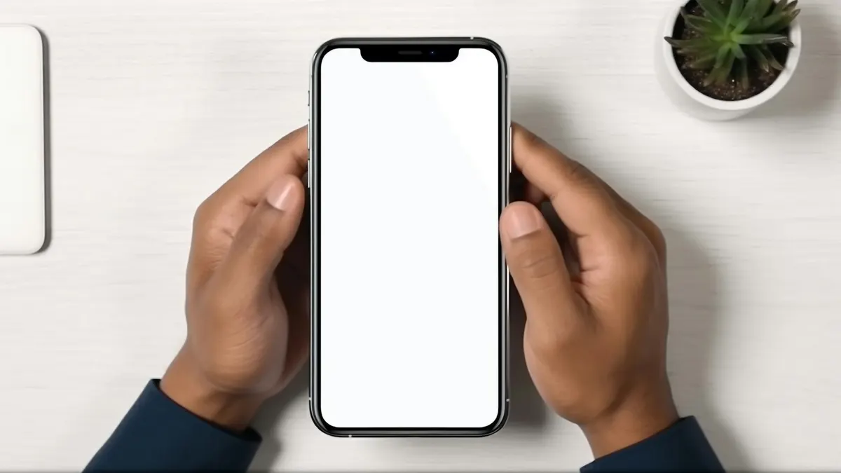 白い机の上で両手でスマートフォンを持つ手元。アプリでポイントや入金を確認するイメージ。
