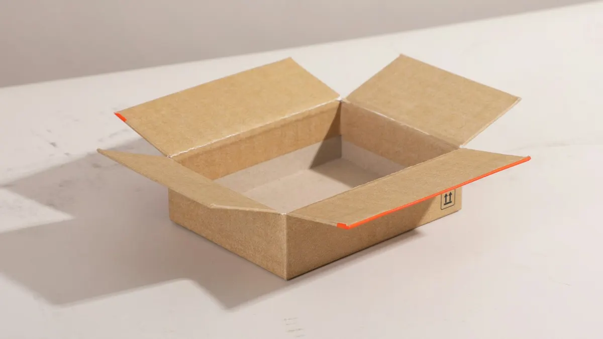 オレンジ色のテープで留められた開いたダンボール箱。発送準備のイメージ。