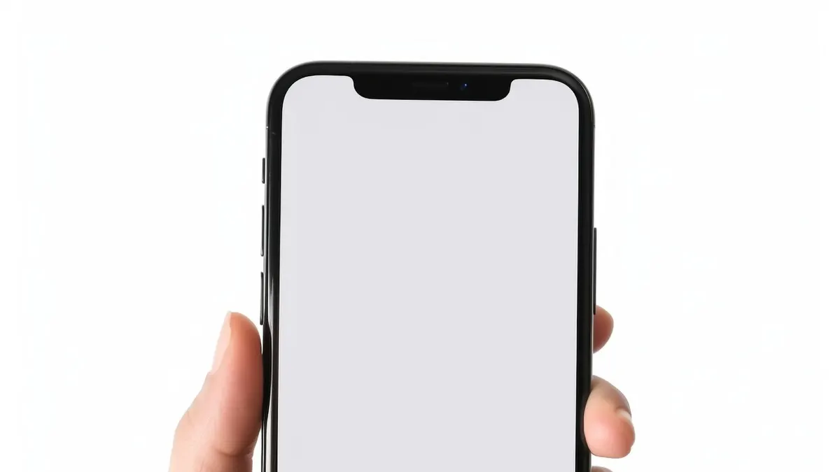 白い背景で手に持ったスマートフォン。画面は白紙で、サブスクを確認するイメージ。