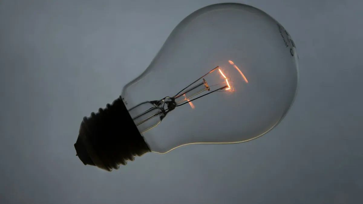 フィラメントが灯る電球のクローズアップ。省エネ家電のイメージ。