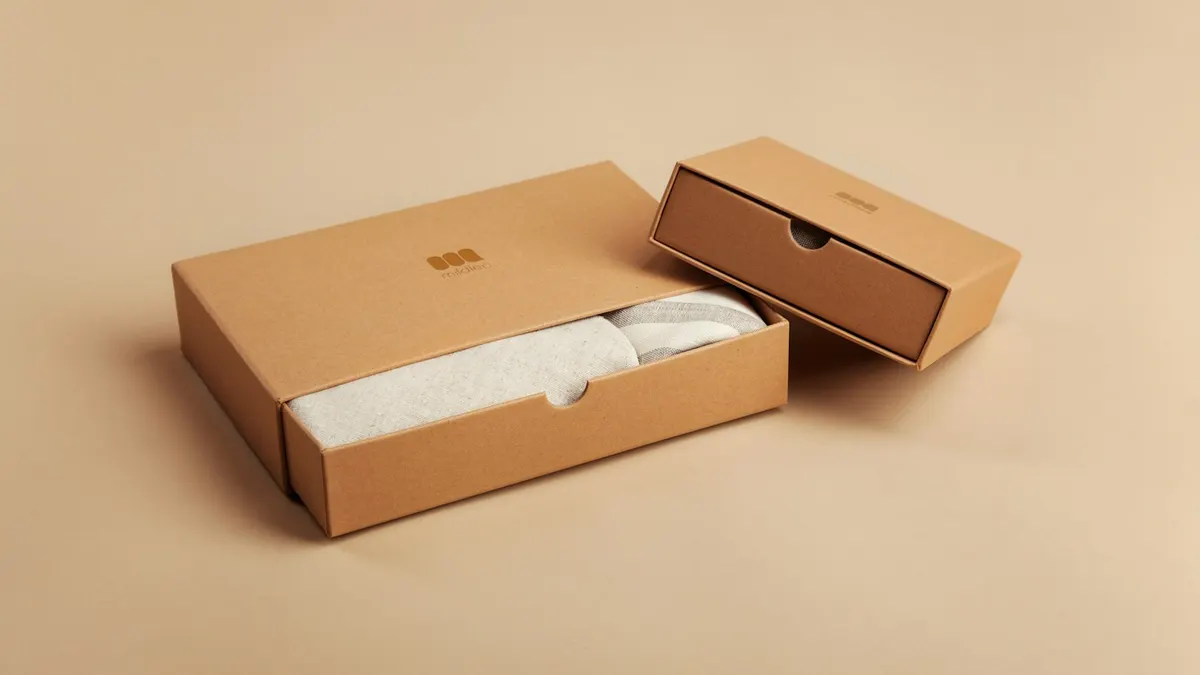 暖色の背景の上に置かれた、フタの開いた茶色い箱。