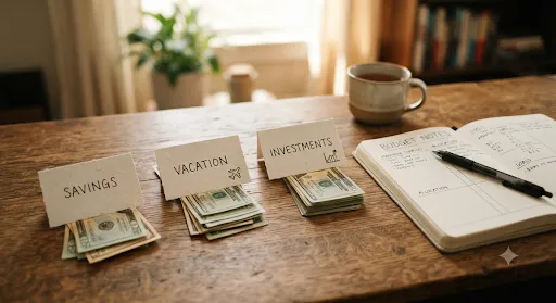 SAVINGS・VACATION・INVESTMENTSと役割ごとにお金を分けて置くイメージ