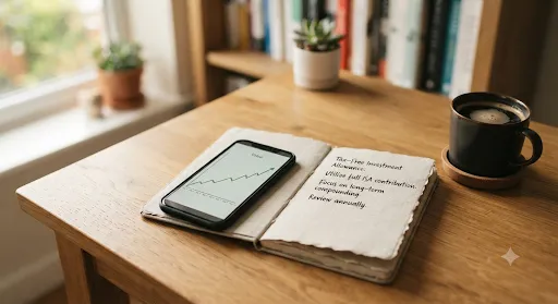 Tax-free investmentと書かれたノートと長期チャートでNISAの非課税枠を考えるイメージ