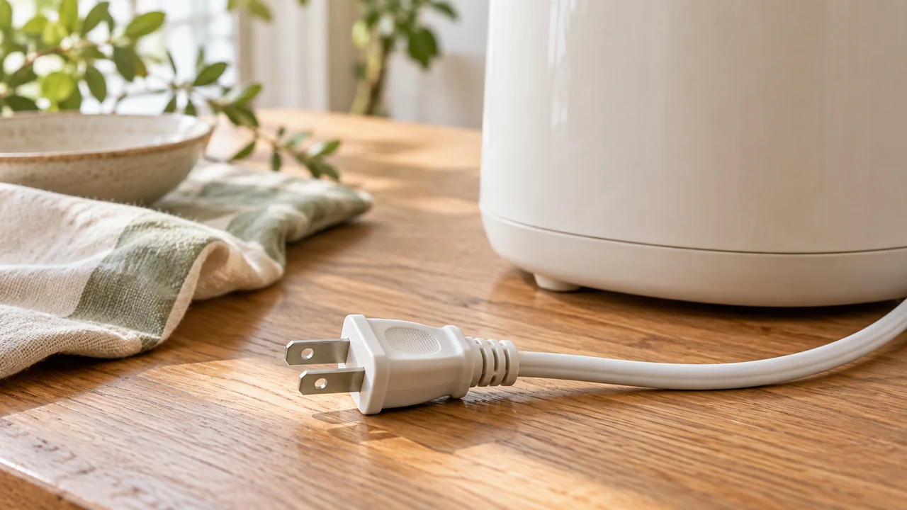 電源から外した白いプラグと家電の外側を確認するイメージ