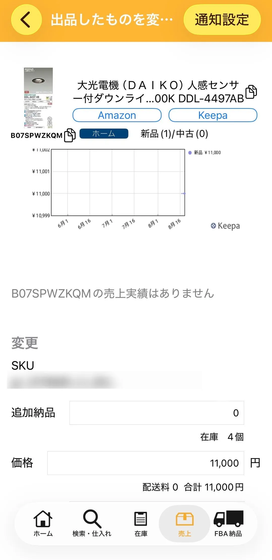 プライスターの出品変更画面。大光電機(DAIKO)人感センサー付ダウンライト DDL-4497AB、ASIN B07SPWZKQM、カテゴリ「ホーム」、新品(1)/中古(0)と表示。Keepaのミニチャートは縦軸が¥10,999〜¥11,002に潰れており、新品¥11,000の点が1つあるだけ。下に在庫4個、価格11,000円、配送料0・合計11,000円と並ぶ(SKUはぼかし処理済み)