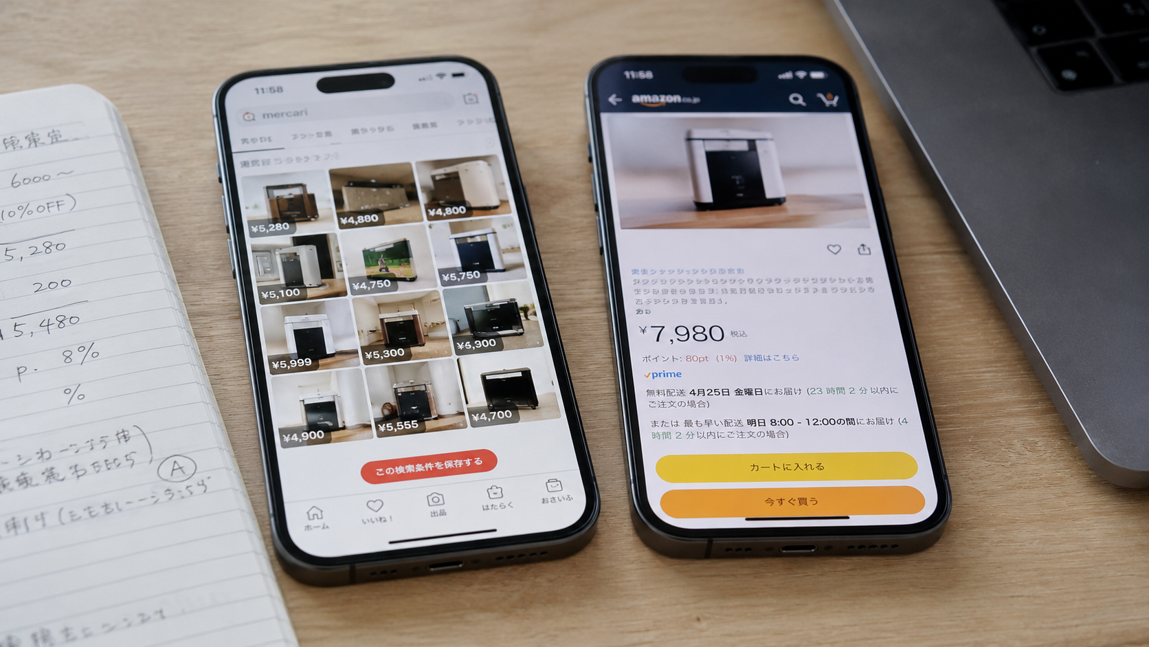 2台のスマホで価格差を視覚化（左メルカリ／右Amazon）