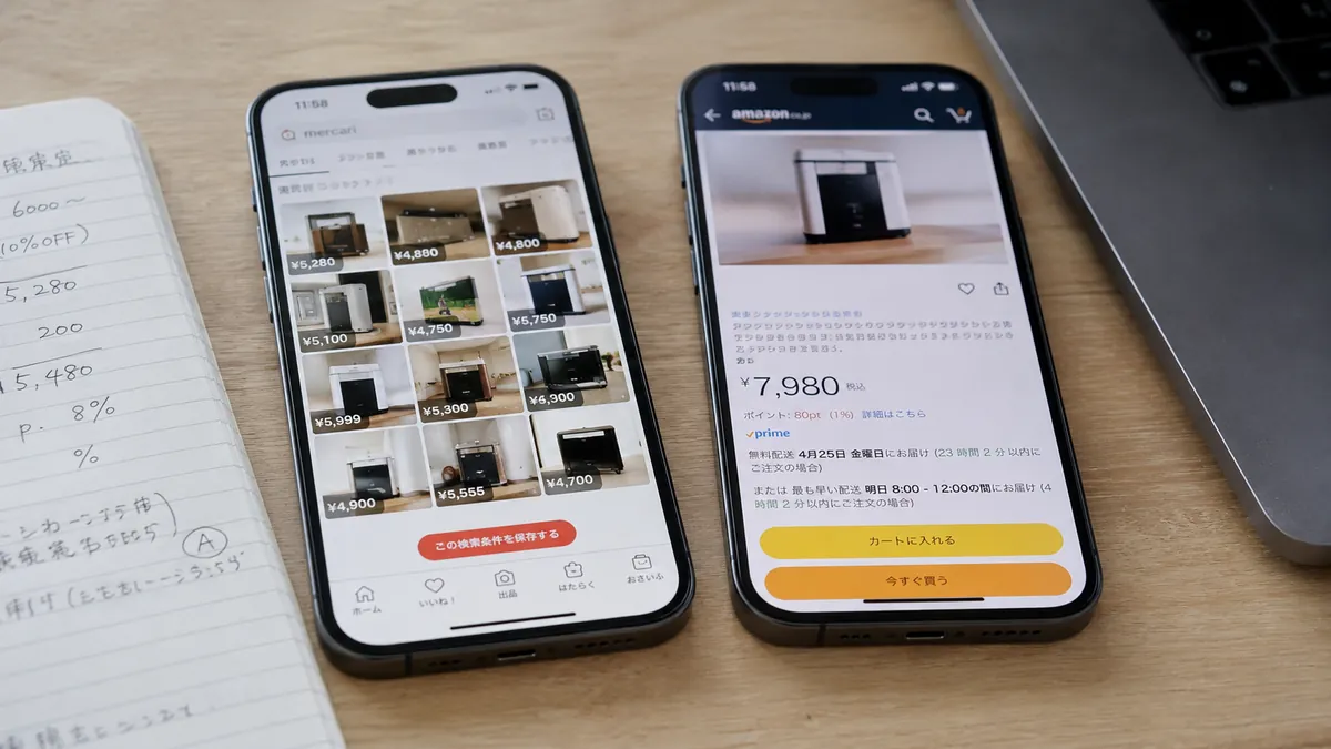 2台のスマホで価格差を視覚化（左メルカリ／右Amazon）