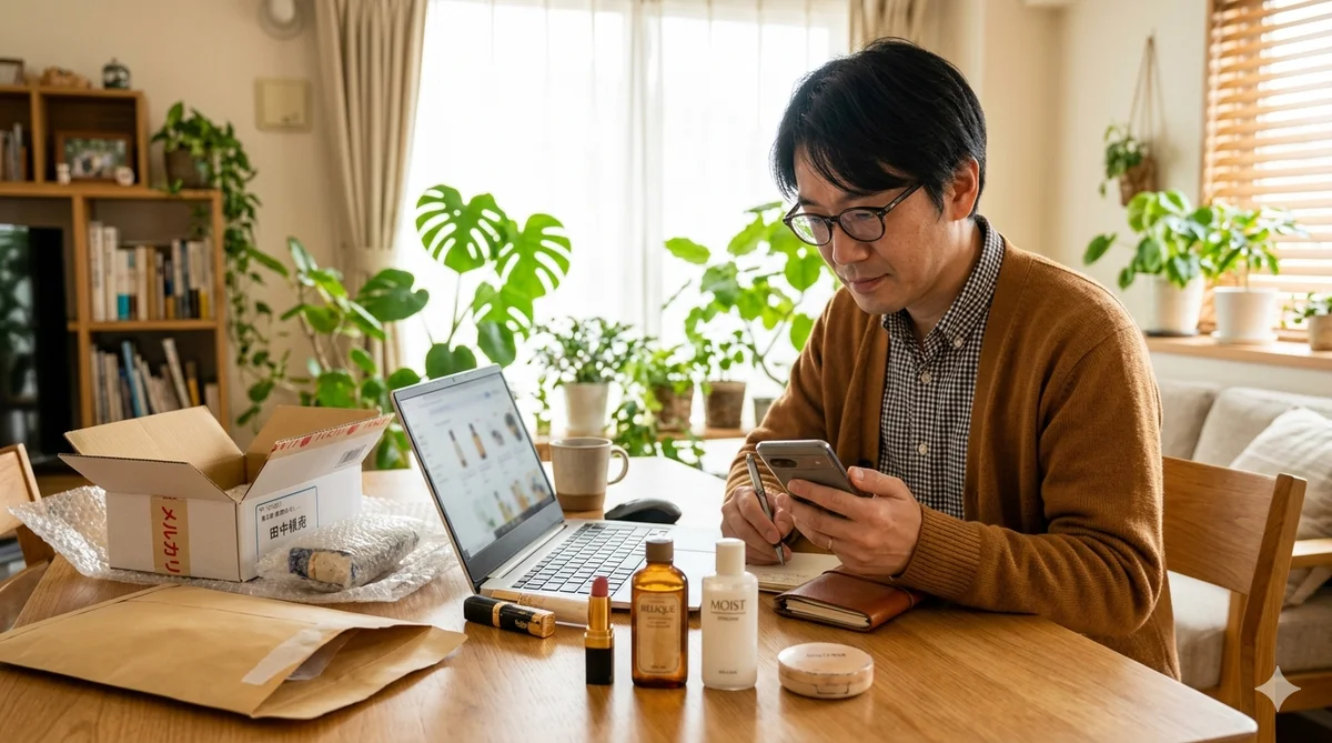 廃盤・旧パッケージのコスメを並べてリサーチしているイメージ