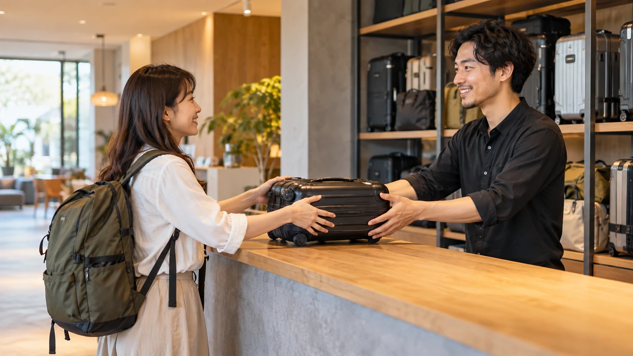 架空の店舗受付でキャリーケースをスタッフへ渡す成人女性のAI生成イメージ