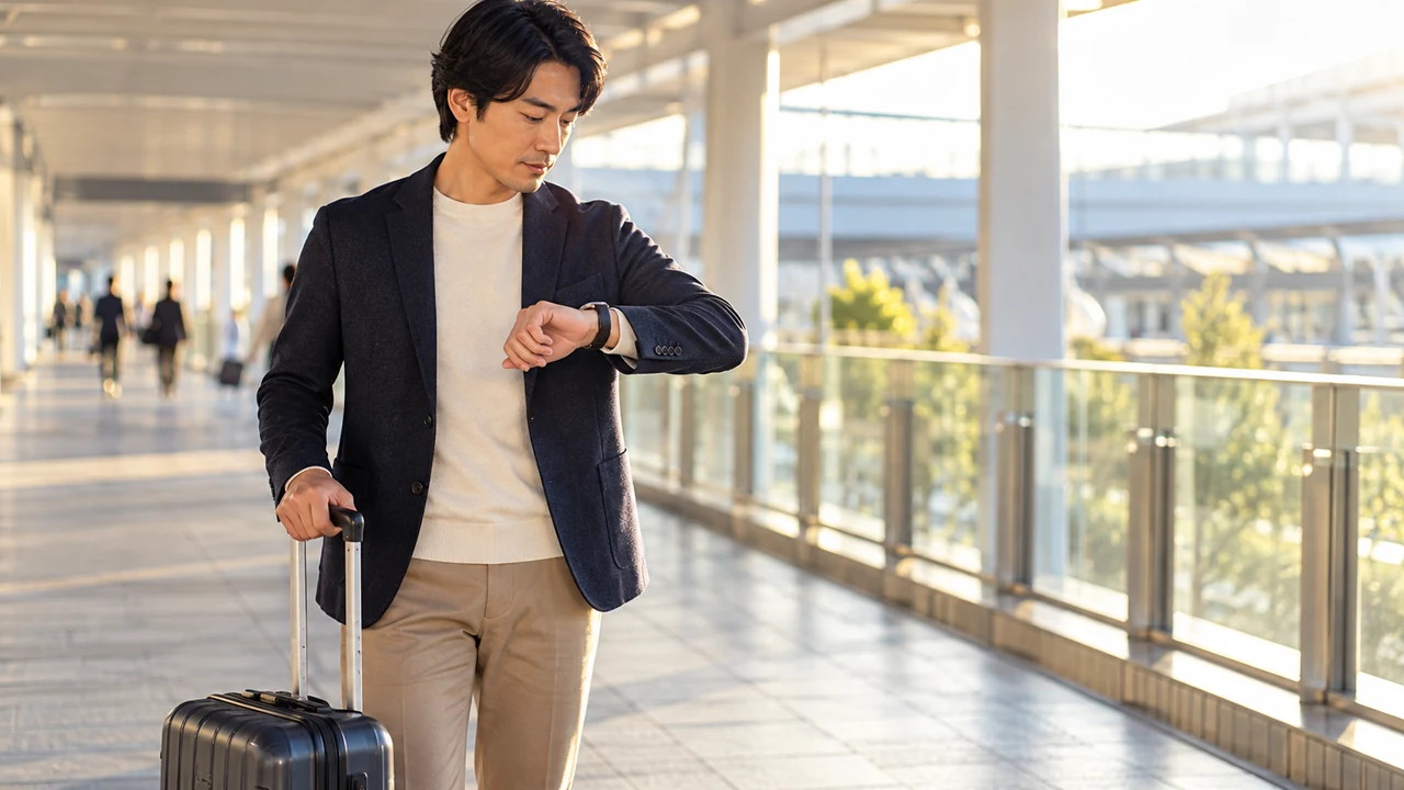 キャリーケースの横で腕時計を確認する架空の成人男性のAI生成イメージ