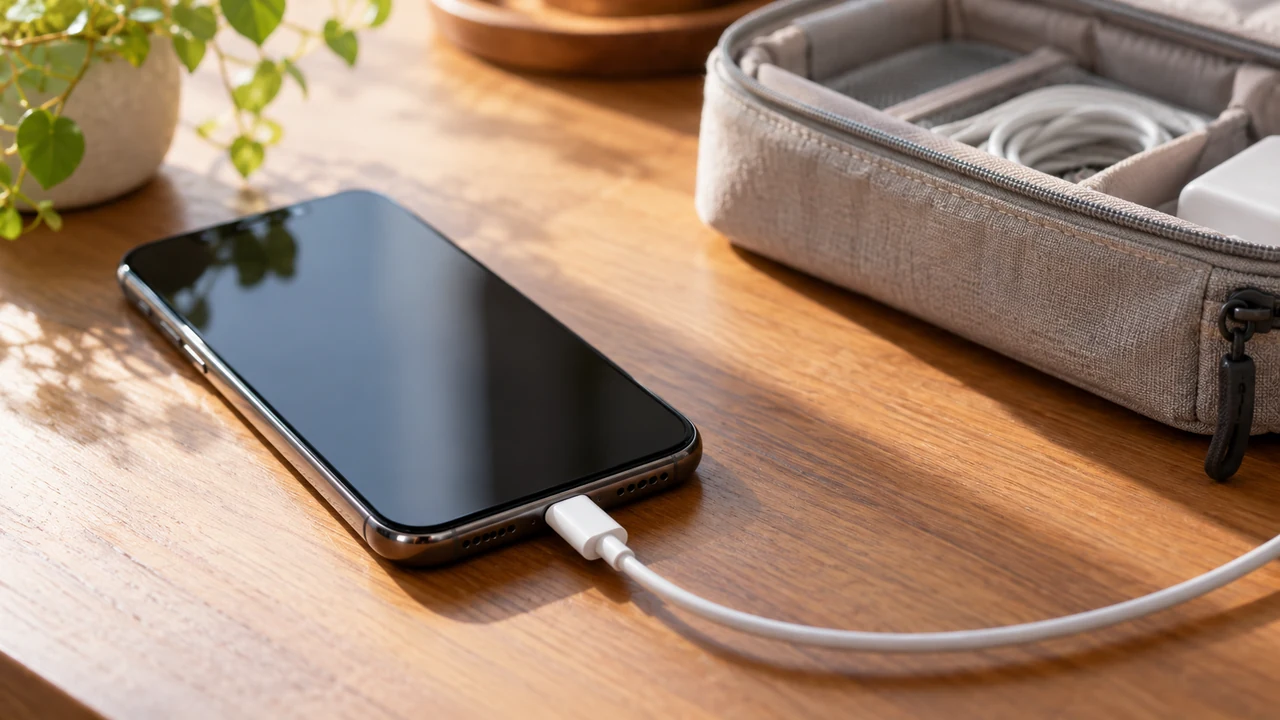 充電ケーブルを接続したスマートフォンとポーチのAI生成イメージ