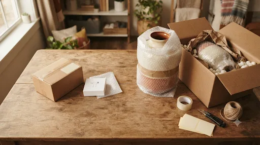 割れ物を緩衝材で梱包する自己発送の作業イメージ