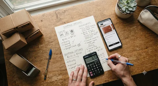 手書きの発送オプション・料金メモとスマホ・電卓で損益分岐点を計算するイメージ