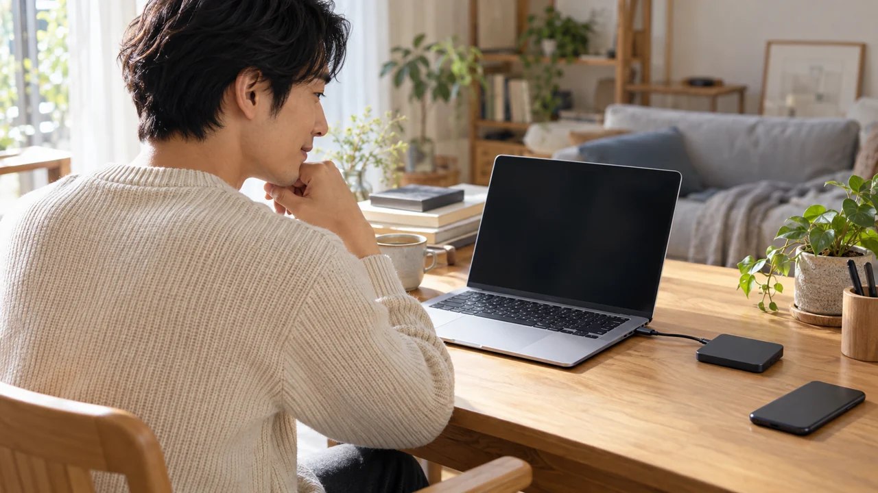 外付けストレージを接続したノートパソコンを確認する男性