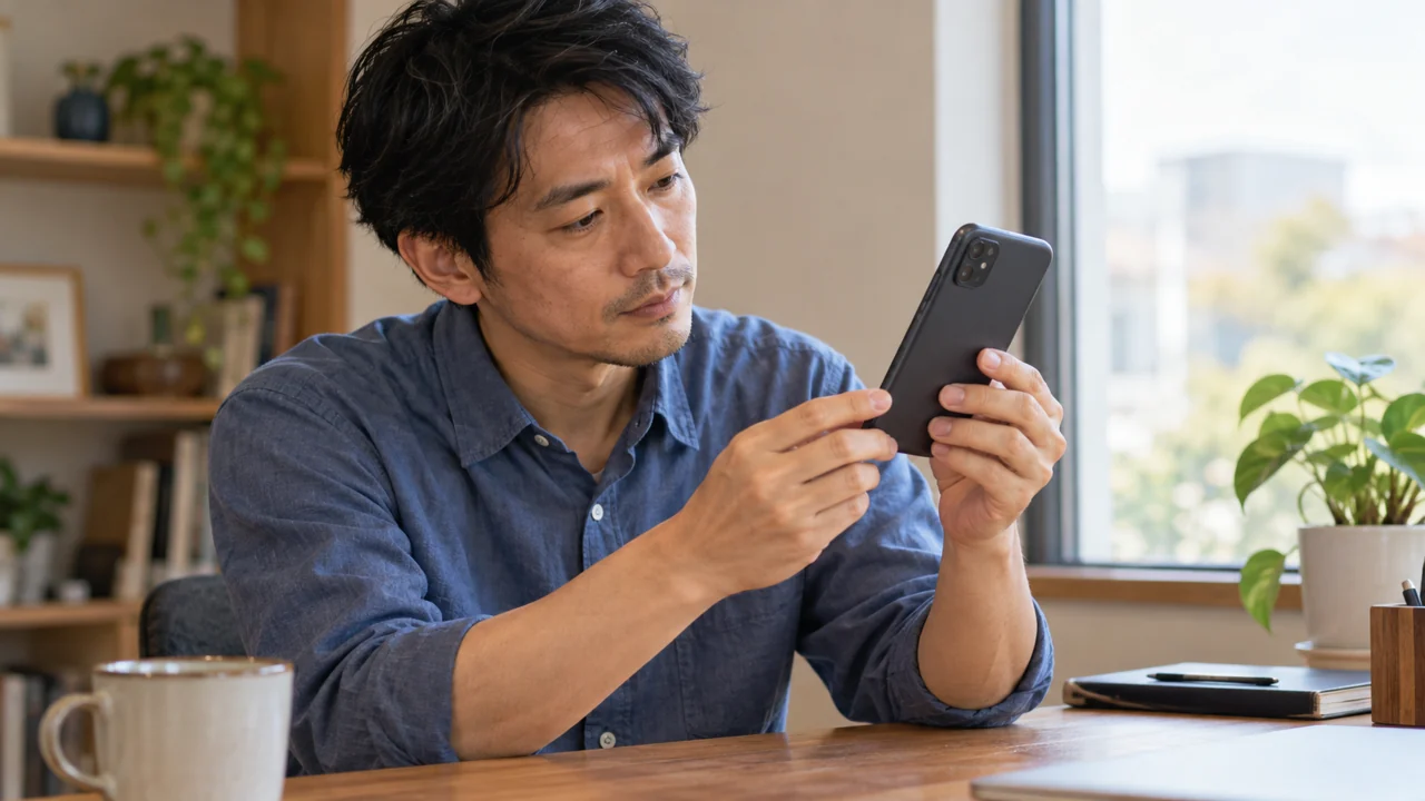 スマートフォンの背面と縁を目視で確認する男性