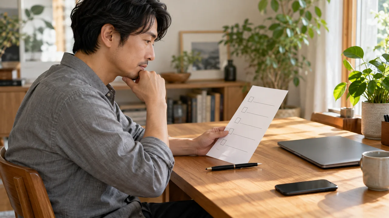閉じたノートパソコンの横でチェック用紙を確認する男性