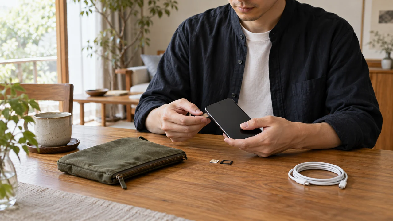 スマートフォンを持つ男性と、机に分けたカード・ケーブル・ポーチ