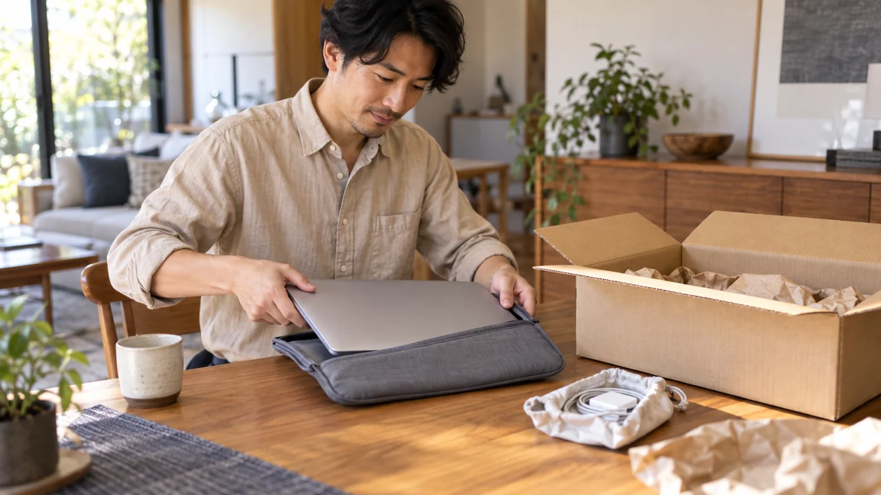 ノートパソコンの発送用の箱と緩衝材を準備する男性