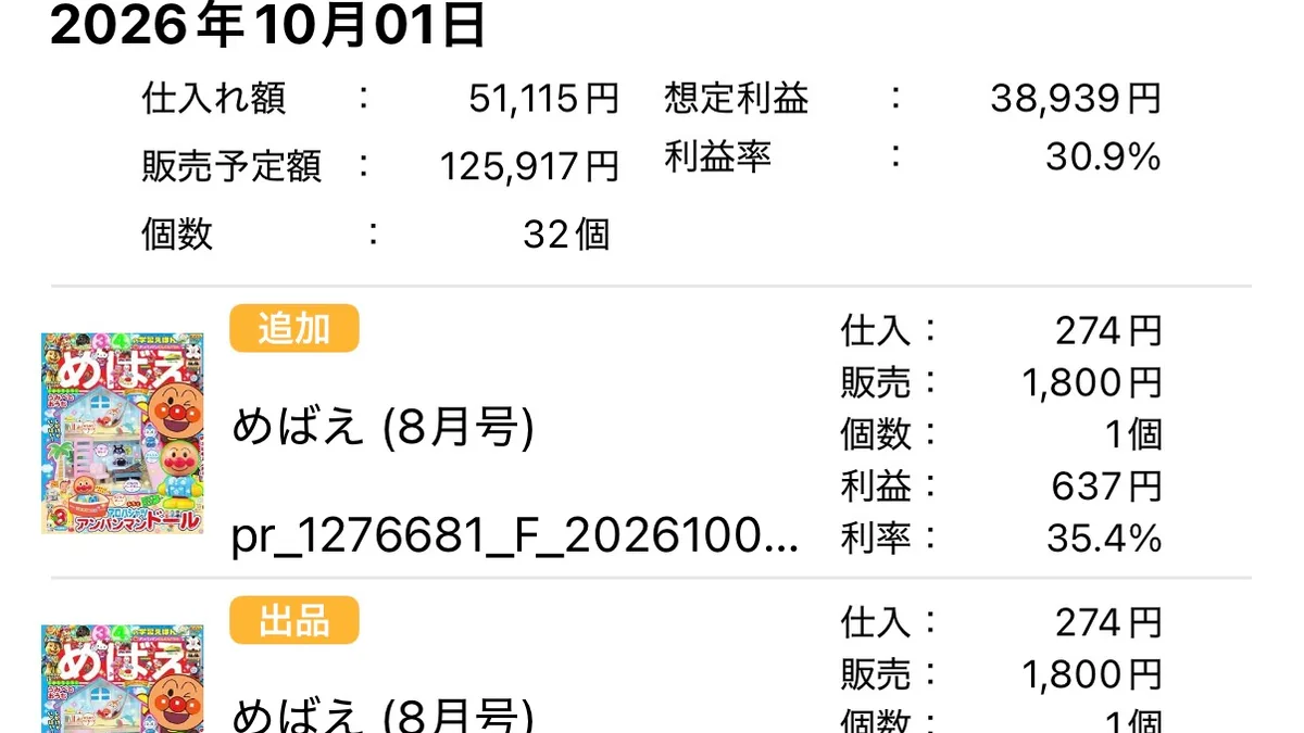プライスターの仕入れた商品画面。2026年10月01日分の仕入れ額、販売予定額、想定利益、利益率、個数のサマリと、めばえの行が表示されている。
