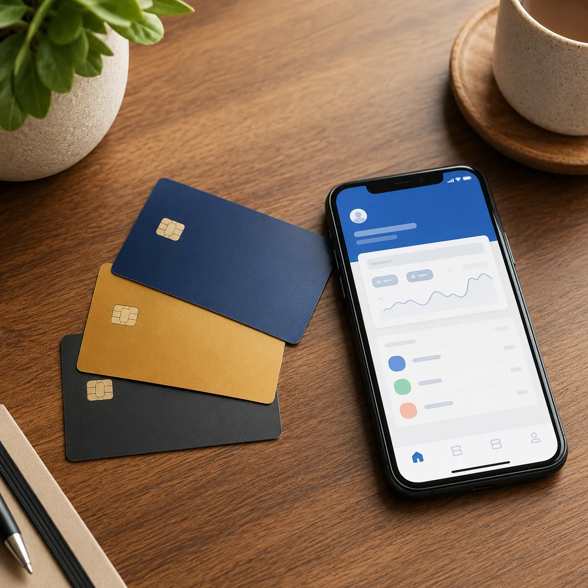 3枚のクレジットカードとスマホの銀行アプリ画面(事業用クレカの使い分けイメージ)