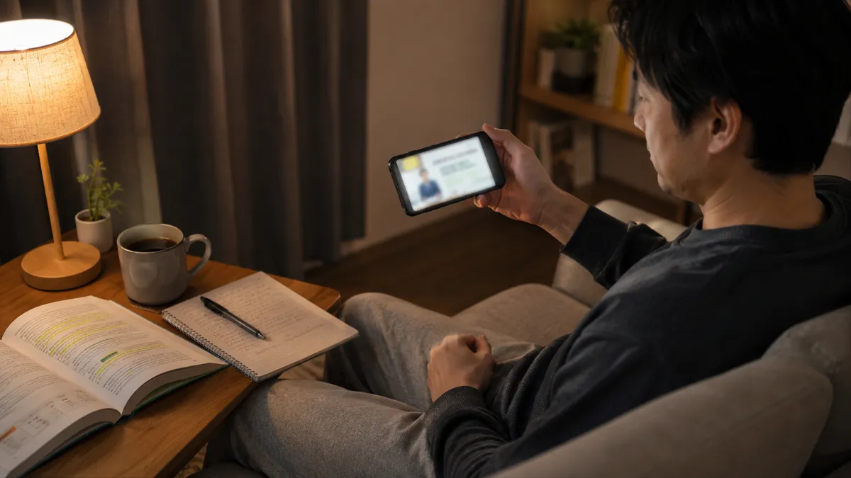 ソファでスマホと本を使ってお金・保険について学ぶ様子(YouTubeとビジネス書での独学)