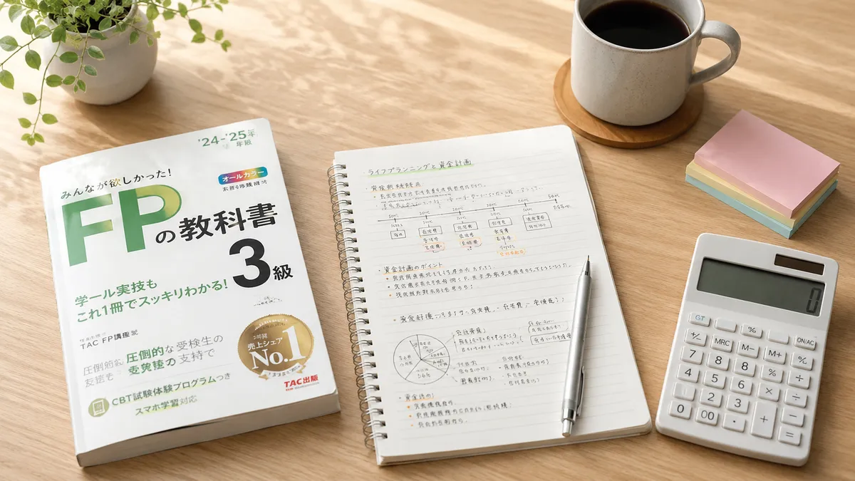 FP3級のテキストとノートを机に広げて勉強する様子(自分で判断する軸づくり)