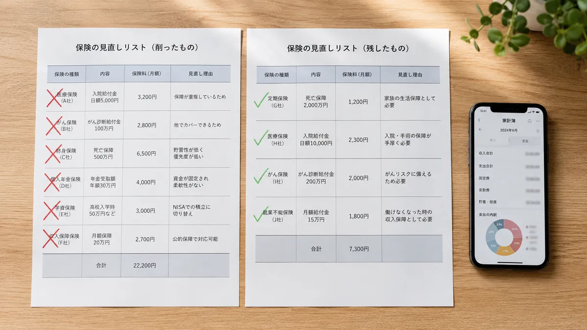 保険書類を×印と✓で仕分けする比較イメージ(削った保険・残した保険の内訳)