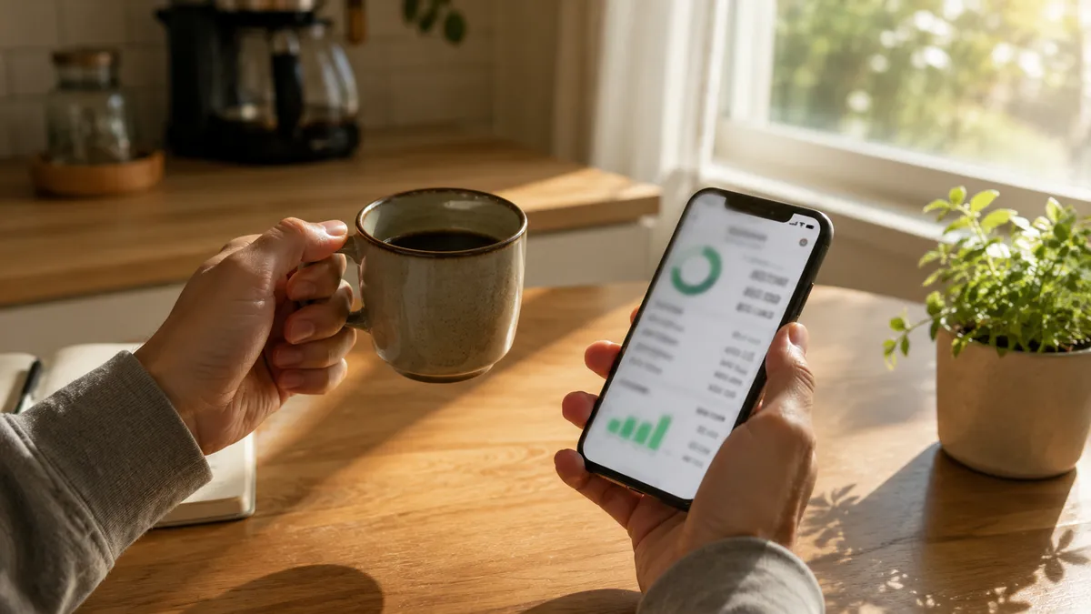 朝のキッチンでコーヒーを片手にスマホで家計を見直す様子