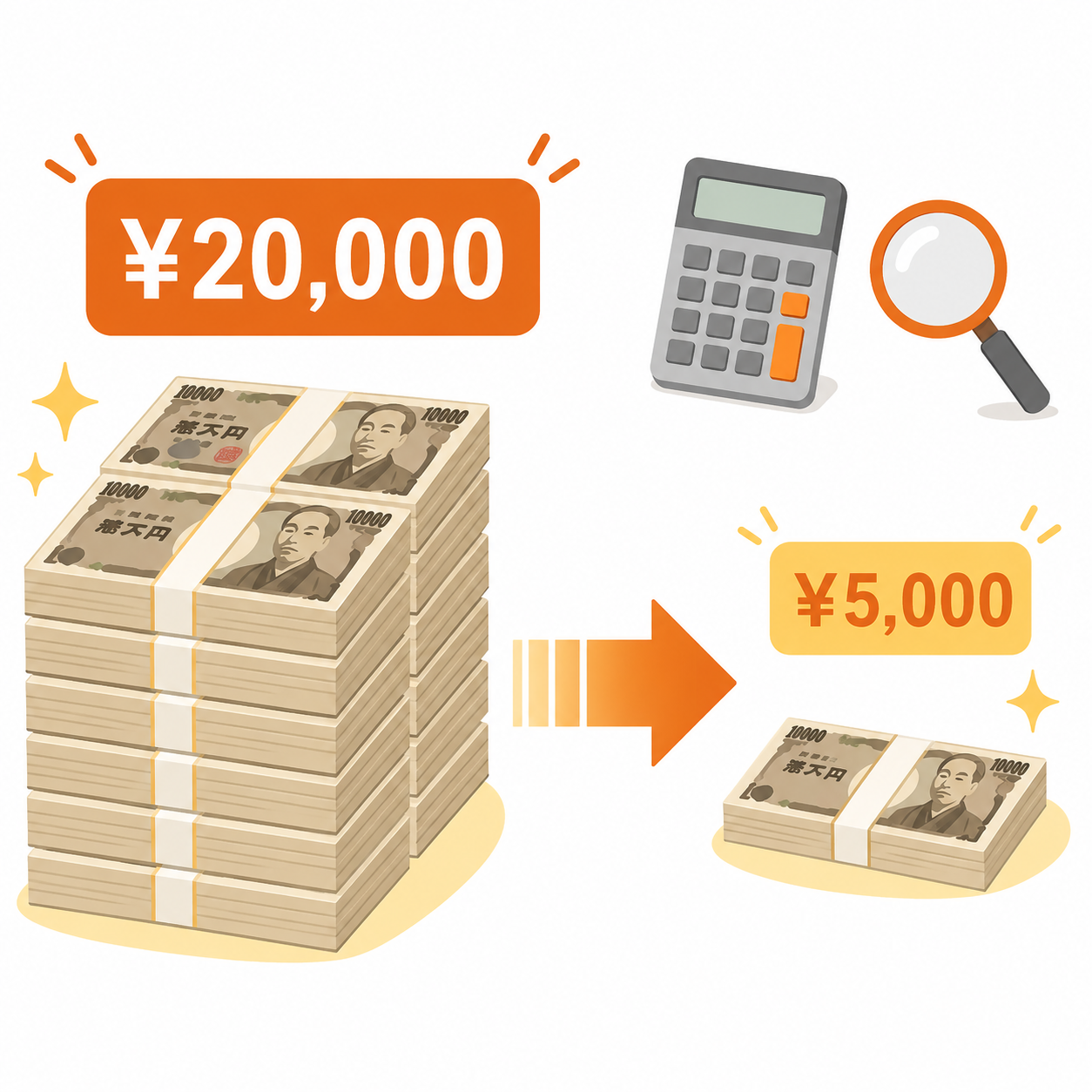 ¥20,000→¥5,000への保険料圧縮イメージ（電卓・札束・矢印）