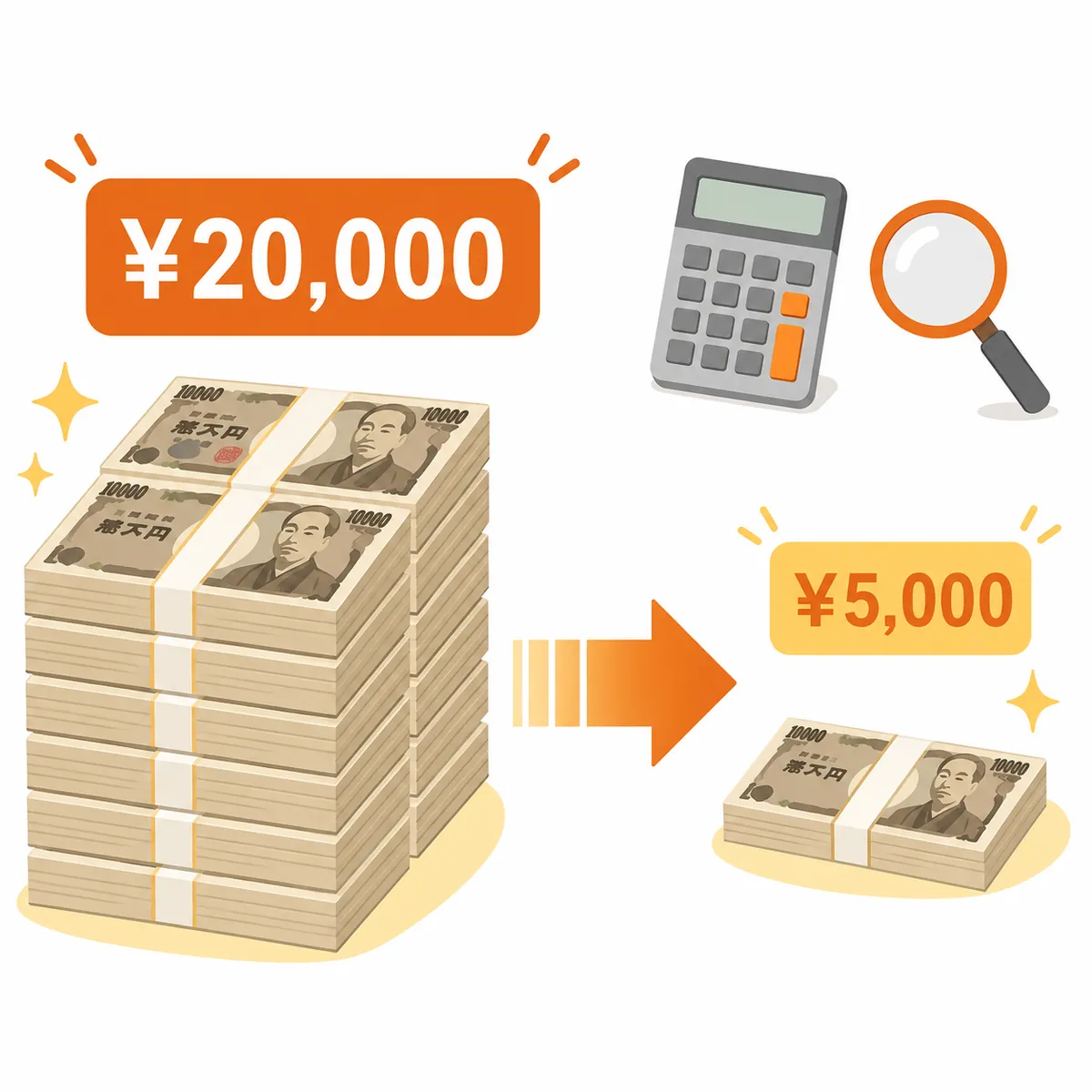 ¥20,000→¥5,000への保険料圧縮イメージ（電卓・札束・矢印）
