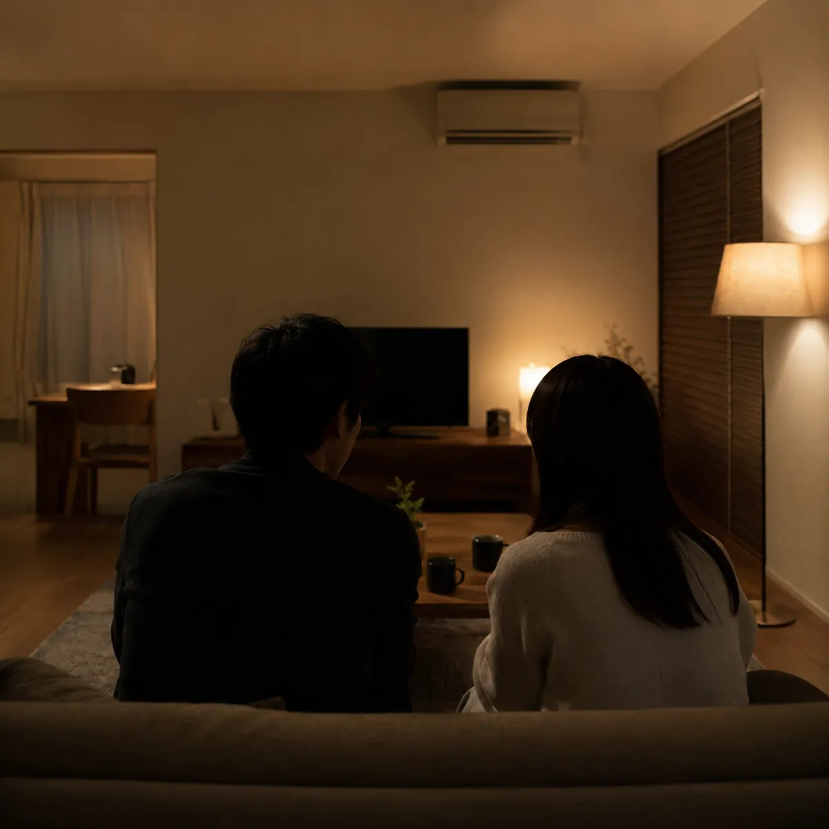家族2人がリビングで真剣に話し合う後ろ姿