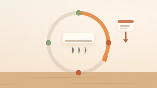 エアコンのシルエットと季節を示す円環の図。秋から冬にかけて矢印が強調されている。