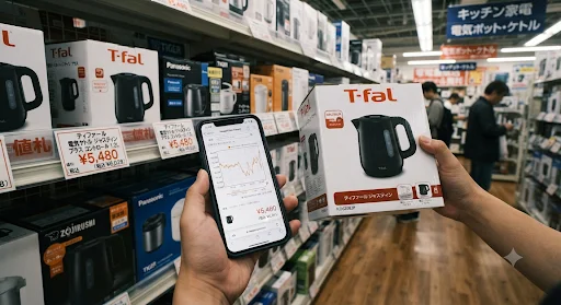 家電量販店でT-fal電気ポットのスマホKeepaを確認する様子