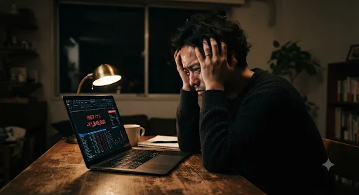 夜のリビングで頭を抱える男性、PCに赤字マイナス表示