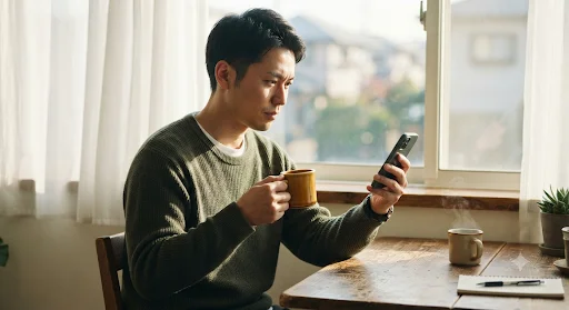 朝の窓辺でコーヒーとスマホでKeepaを確認する様子