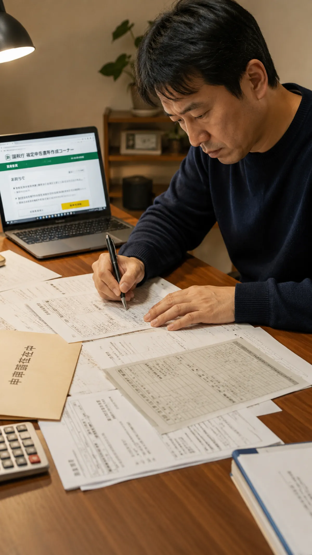 自治体公式サイトを確認しながら事業者支援金の申請書類を記入する個人事業主