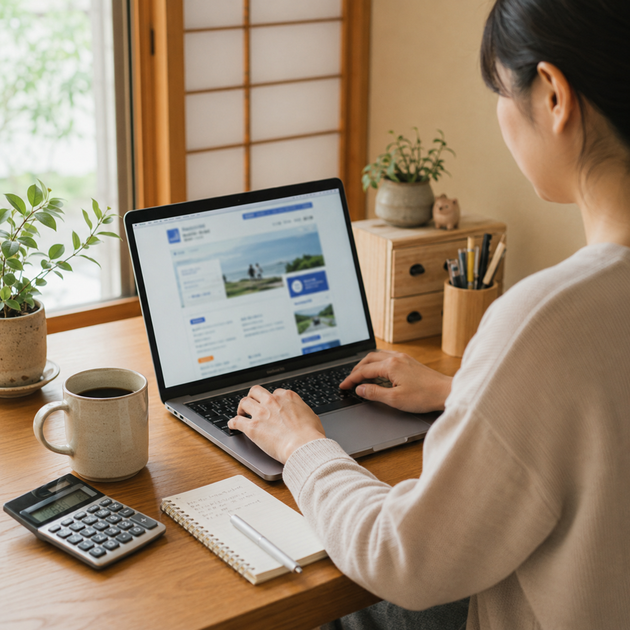 自宅デスクでノートPCを使い自治体HPの支援金情報をチェックする様子