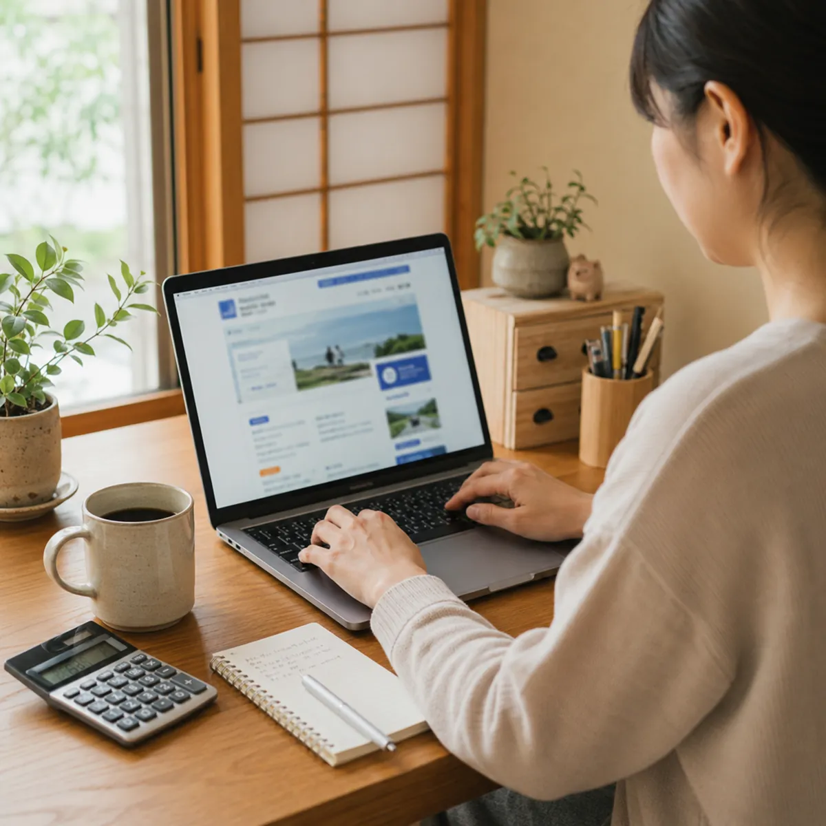 自宅デスクでノートPCを使い自治体HPの支援金情報をチェックする様子