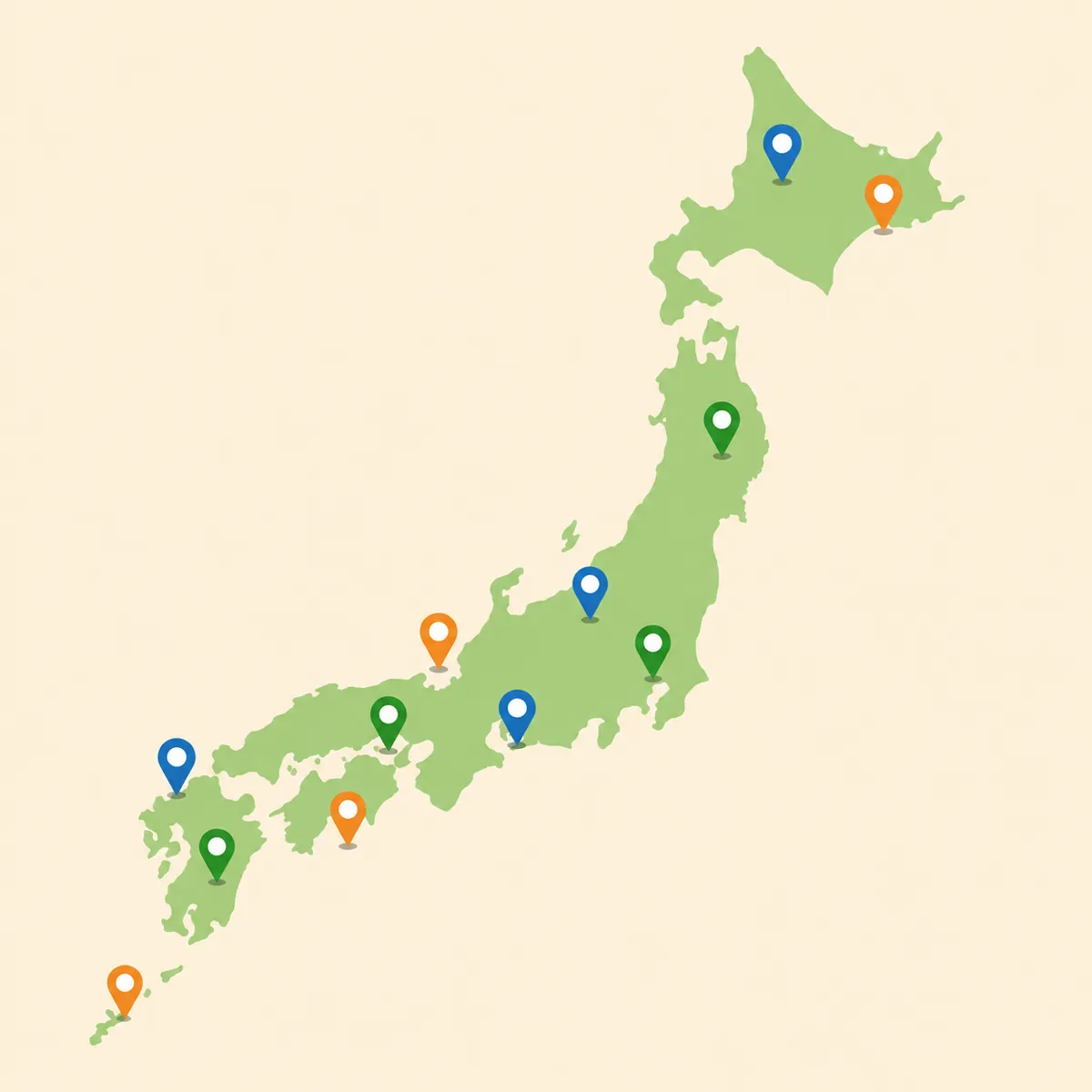 日本列島地図に各地のピンマーカー（自治体ごとの事業実施イメージ）