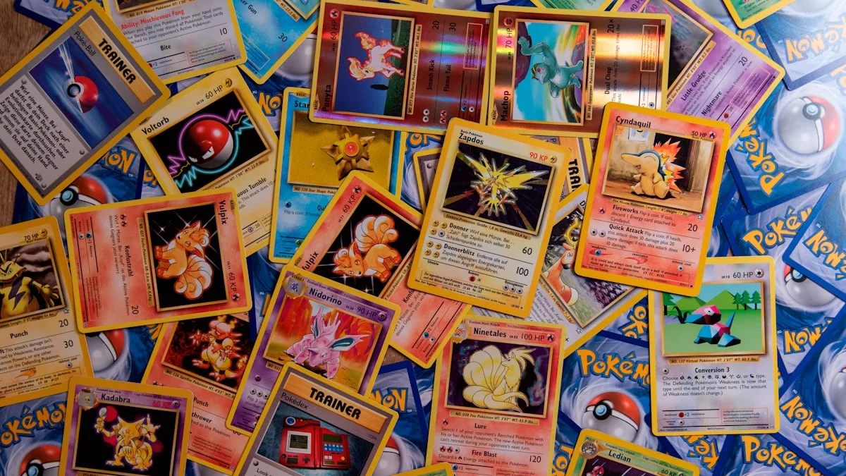 ポケモンカードなどのトレーディングカードが一面に広がるシーン。トレカ・カードゲーム市場のイメージ。