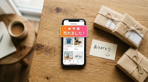 メルカリで売れた瞬間の通知画面と梱包済みの商品、ありがとうのメモ
