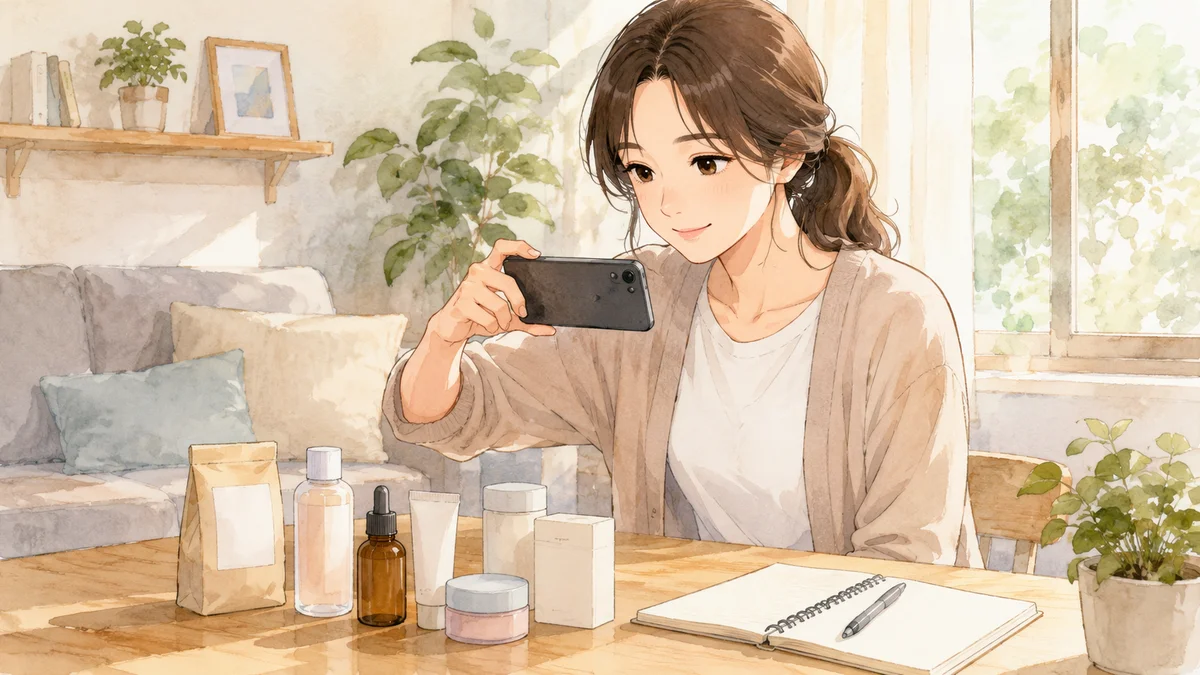 メルカリの値付けと値下げ交渉をイメージした作業デスクの俯瞰