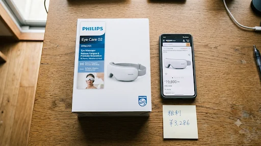 成功事例の現物：机の上に置かれたPHILIPS目元ケアガジェットとノートPC・電卓