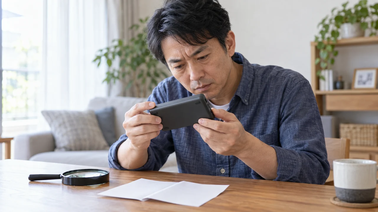 無地のモバイルバッテリーの表示面を確かめる架空の男性のAI生成イメージ