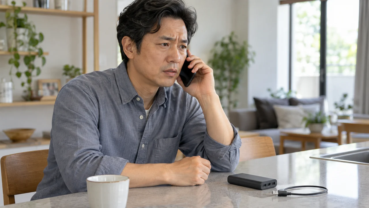 携帯用充電器の取り扱いを販売店へ相談する架空の男性のAI生成イメージ