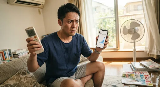 リビングでリモコンとスマホを手に電気代に困っているイメージ