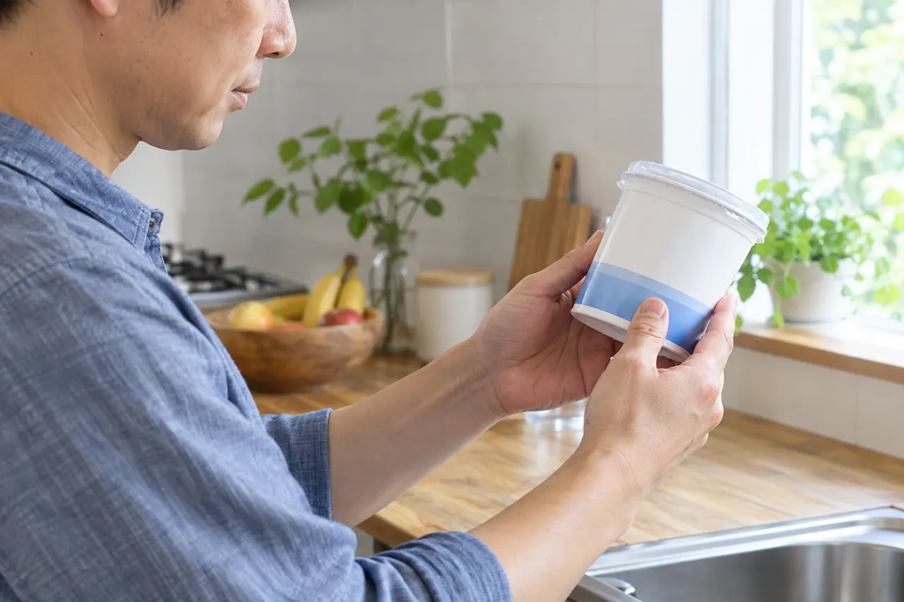 未開封の食品容器の表示を手元で確認するAI生成イメージ