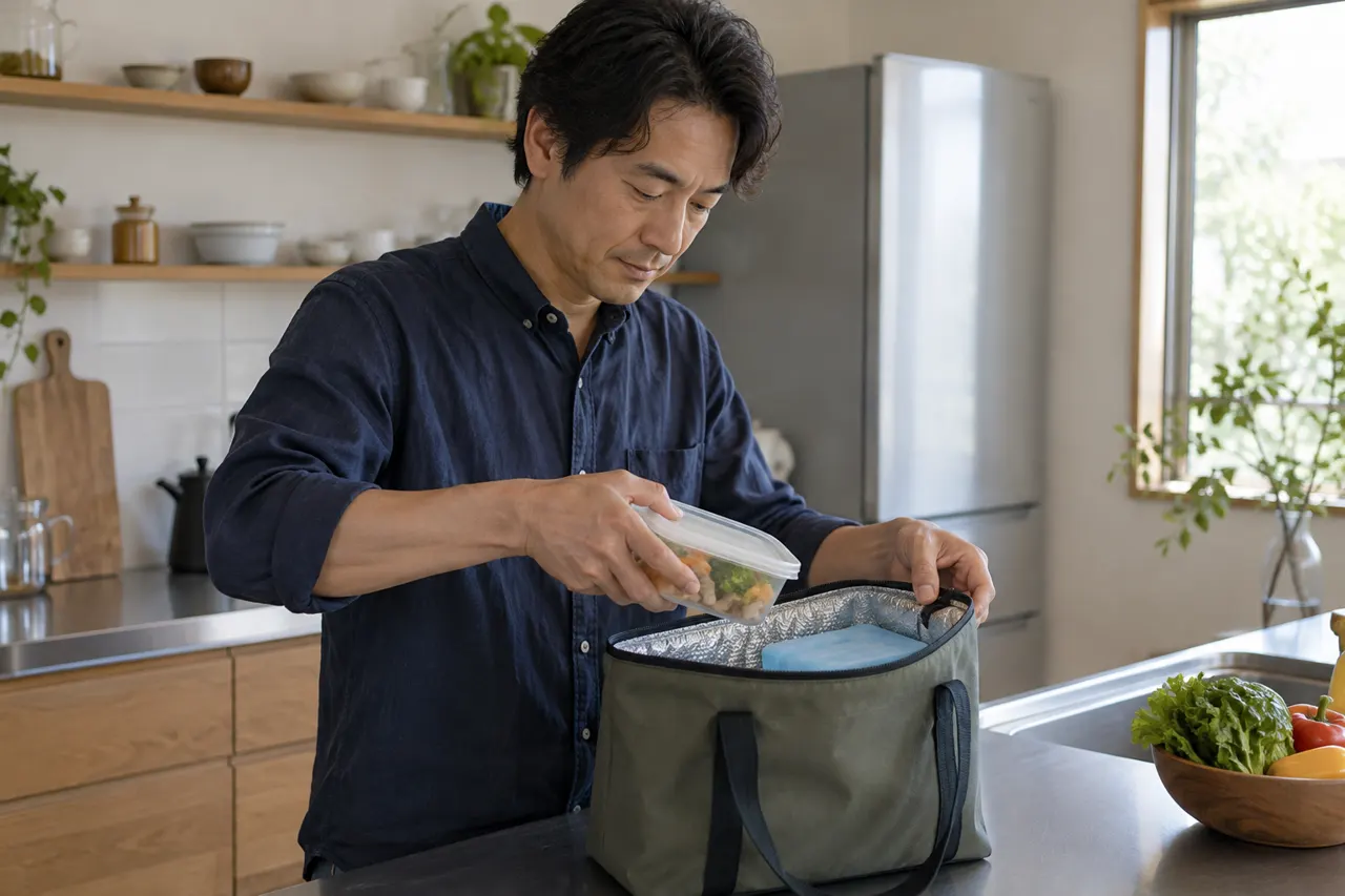 保冷バッグに食品容器を入れる成人男性のAI生成イメージ