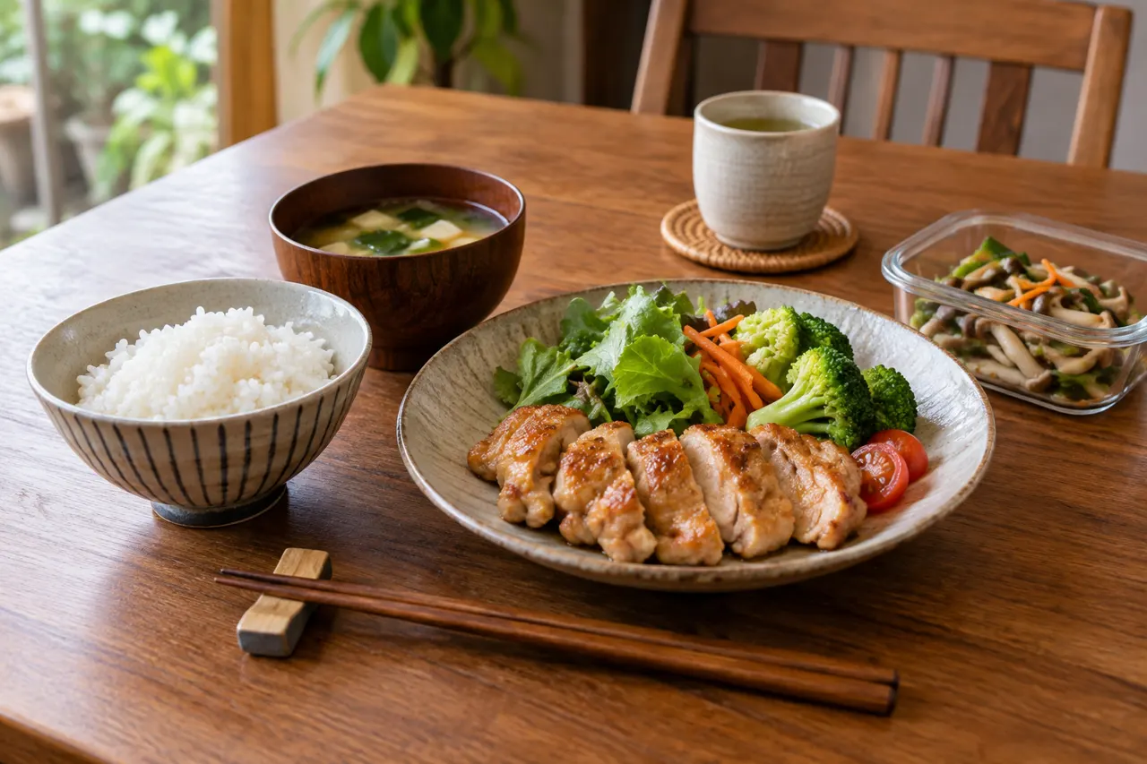 少量のご飯と鶏肉と野菜の食事のAI生成イメージ